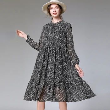 

Big size women clothes Floral chiffon long dress ruffled collar loose lantern sleeve cute one piece dress vacation beach dress