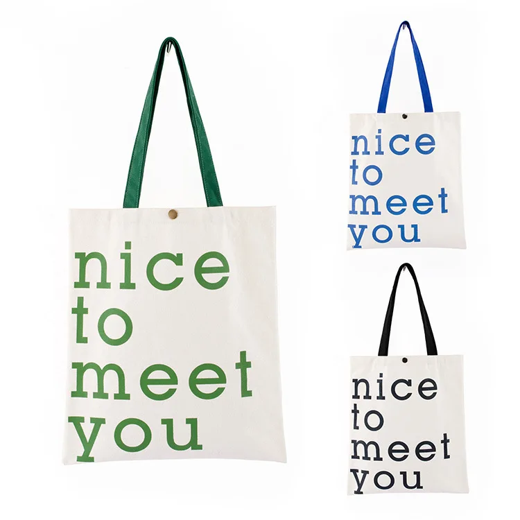 

Women Shoulder Canvas Tote Bag Reusable Shopping Bag Cotton Fabric Handbag for Ladies 2021 Summer Nice To Meet You Letters Print