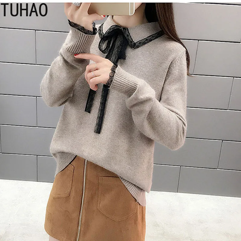 

TUHAO SWEET Sweraters School Girls Lovely-Style Knitted Pullovers Sweater Comfortable Bow Autumn Winter Cute Sweater HC166