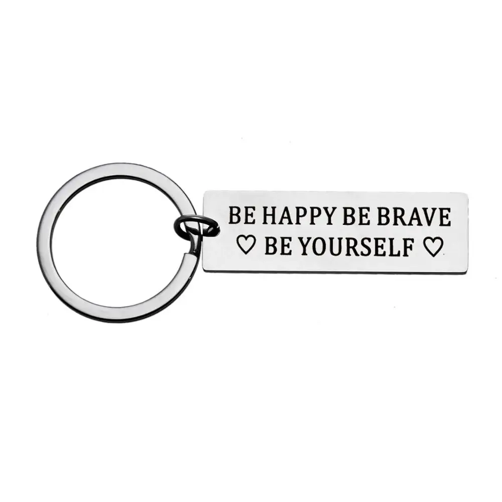 

12PC Be Happy Be Brave Be Yourself Heart Keyring Stainless Steel Charm Keychain Inspirational Key Ring Friends Graduation Gifts