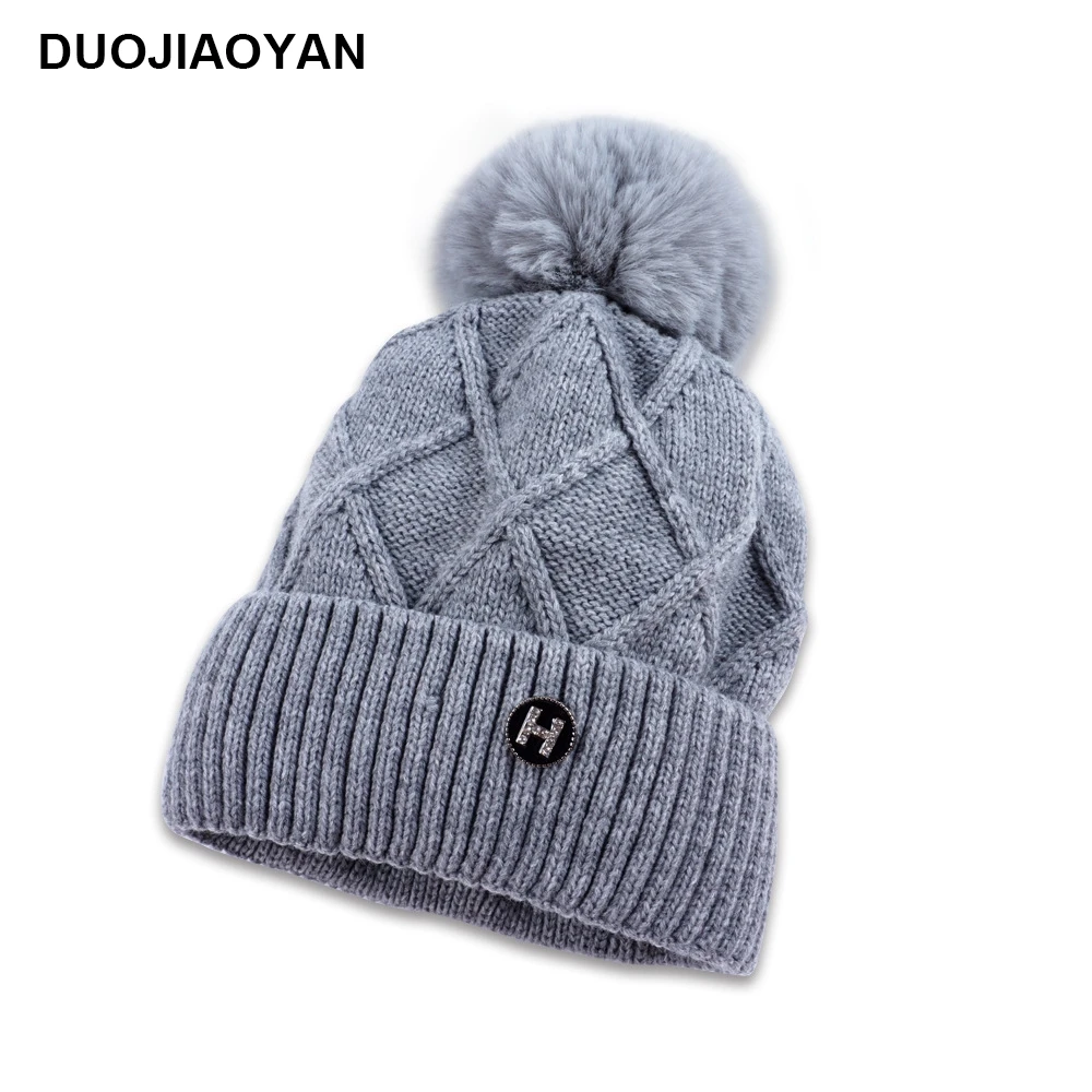 DUOJIAOYAN осенне-зимняя женская шерстяная шапка, теплая шапка с защитой ушей, одноцветная шапка, пуловер, головной убор, утолщенная плюшевая вязаная шапка