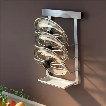 

CuttingBoard Holder Pots Cover Shelf Punch-free Stainless Steel Pot Lid Rack Wall-mounted Floating Lid Holder Kitchen Dish Rack