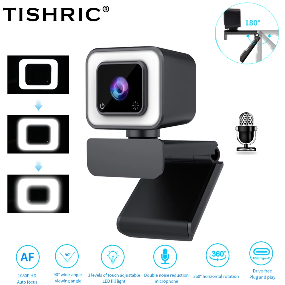 TISHRIC Webcam 1080P 60fps Web Cam Web Camera For Computer Autofocus HD Webcam With Microphone Three-stop Fill Light PC Camera
