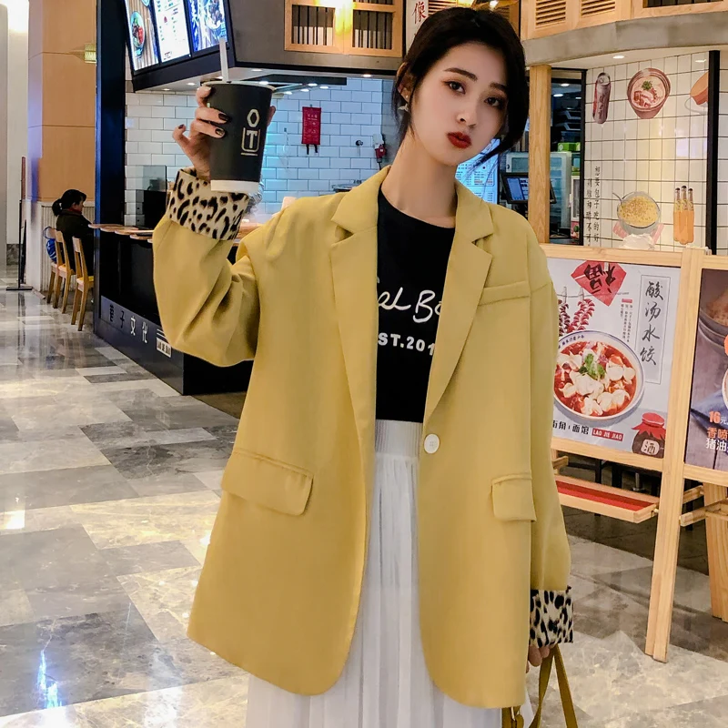 Korean Simple Women Blazer Loose Casual Solid Yellow Suit Jacket Stylish Long Sleeve Retro Women Party Jacket Large Size MM60NXZ