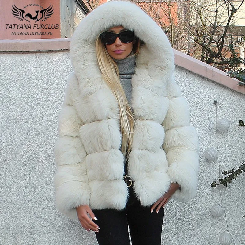 

High Quality Winter Real Fur Coats Women Genuine Full Pelt Fox Fur Coat With Hood Thick Warm Winter Overcoats Plus Size Female