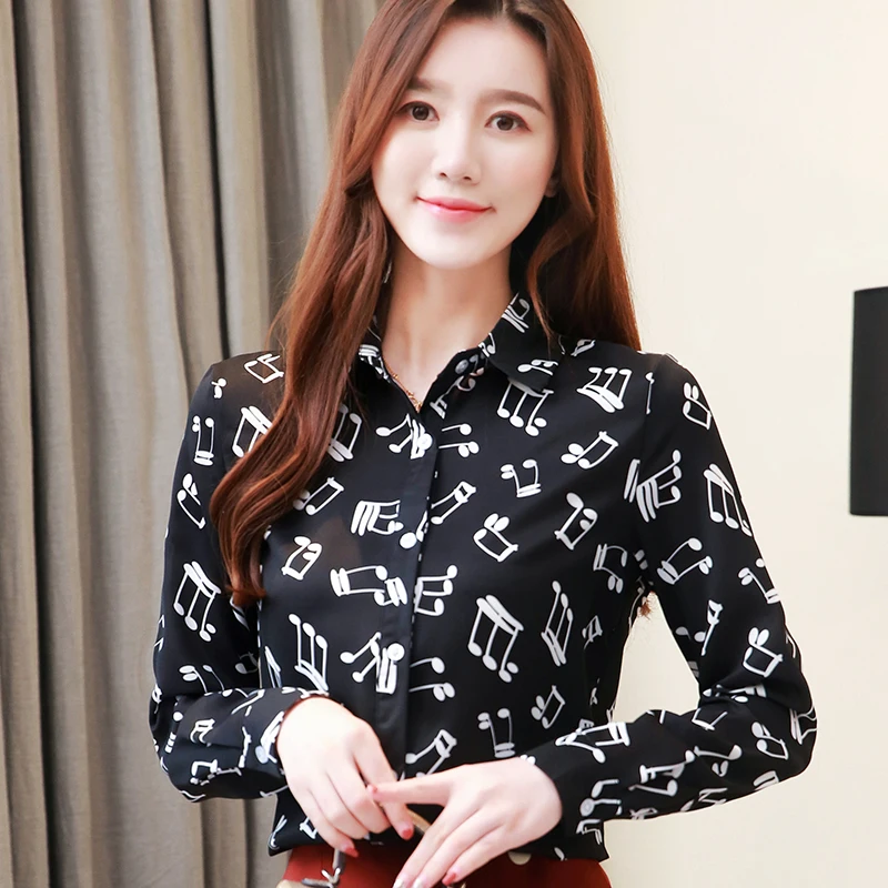 Топы и блузки с принтом в виде нот, корейский стиль, женская Повседневная рубашка с длинным рукавом, весна-осень, женская одежда, S-XXL
