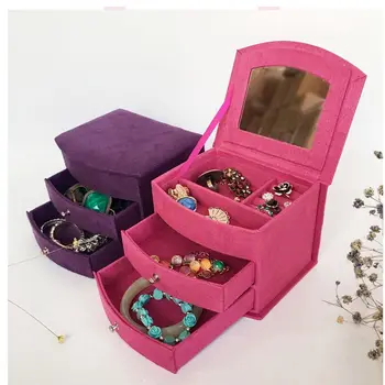 

Korean Style Edition Jewelry Case Rabbit Hair Three Layers Deer Flannel Jewelry Box Storage Velvet Box carrying case mirror