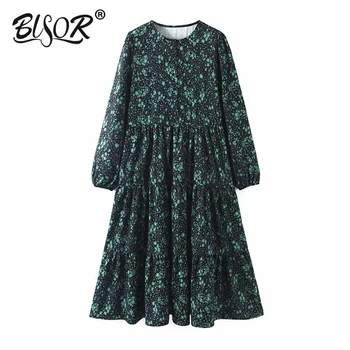 

Women retro floral print midi dress long sleeve O neck pleated vintage female chic 2019 autumn casual dresses vestidos