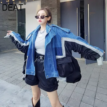 

DEAT 2020 Autumn New irregular color matching denim women's fake two-piece lazy style long sleeve coat fashion WO03905