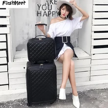 FirstMeet Fashion retro trolley suitcase 16/20/24 inch women men PU leather travel suitcase bag hand rolling luggage set valise