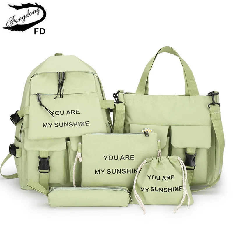 Fengdong 5pcsset school backpack for teenage girls handbag shoulder bag set student backpack schoolbag for girls kids bookbag