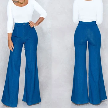 

2019 ladies fashion trend high waist high elastic self-cultivation woman loose wide leg big horn jeans female wide leg pants
