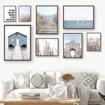 

Sea Boat Bridge Plant Reed French Door Nordic Posters And Prints Wall Art Canvas Painting Wall Pictures For Living Room Decor