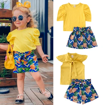 

Summer Toddler Baby Kid Girl Clothes Sets Yellow Tops T Shirt Pineapple Print Shorts/Skirt Clothes 0-5Y