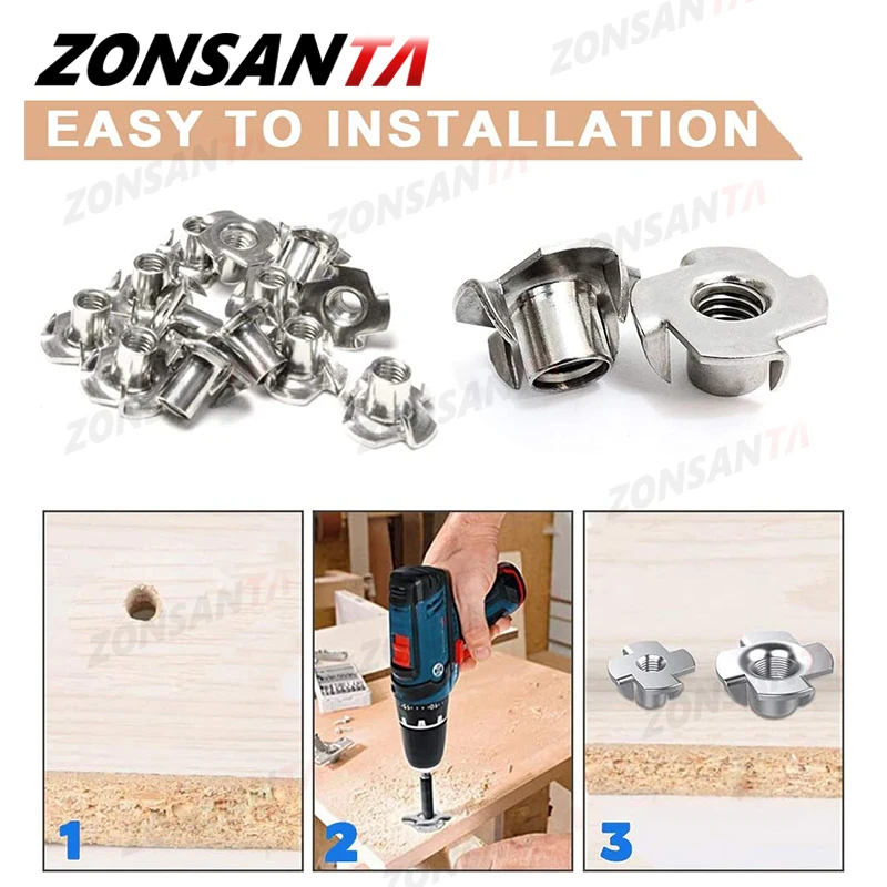30Pcs 4-Pronged Tee Nut M4 M5 M6 M8 M10 Four Claws Nut Speaker T-nut Blind Pronged Insert Tee Wood Furniture ZONNSANTA