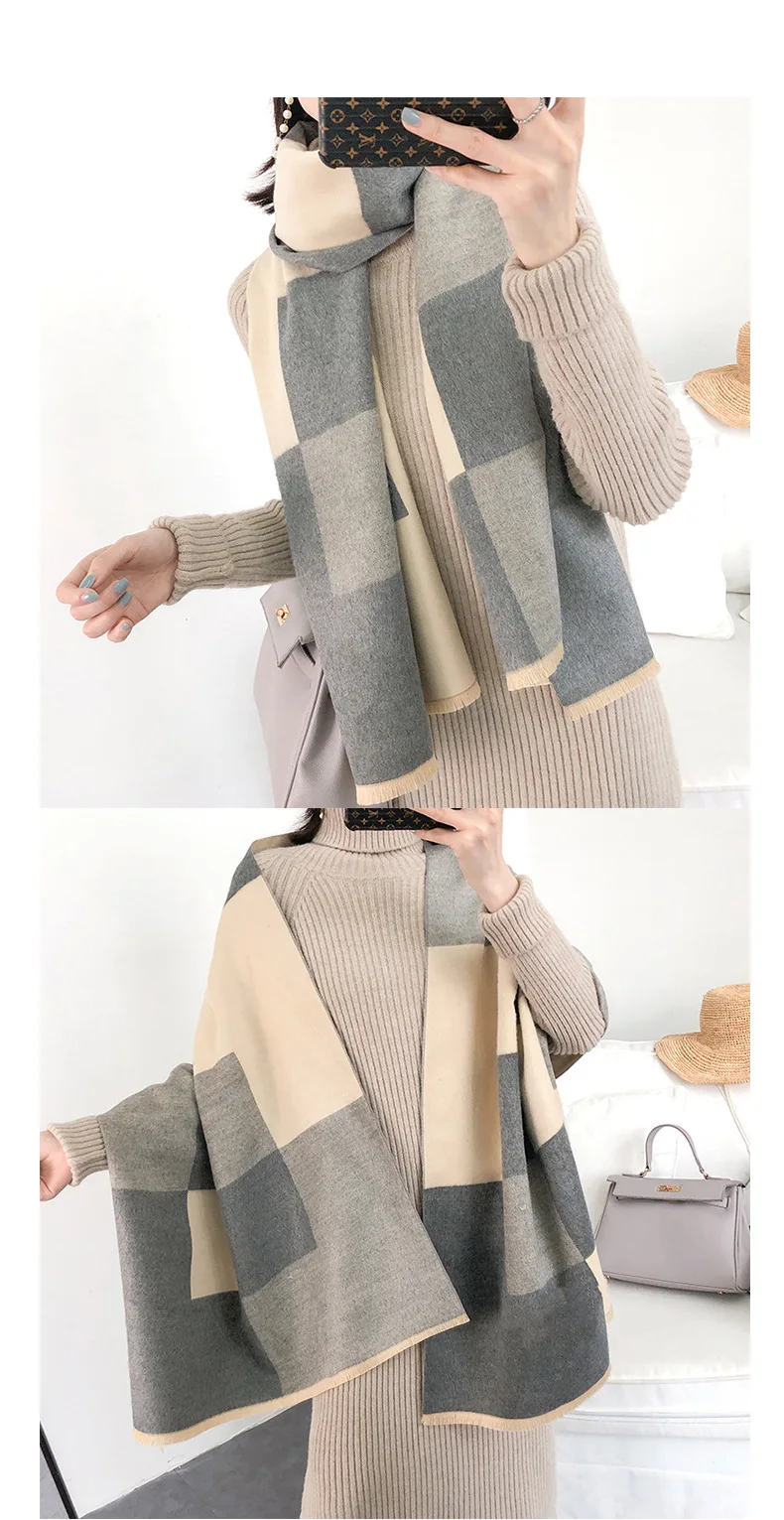 Thick Cashmere Women Winter Scarf Solid Plaid Female Pashmina Scarves Shawls and Wraps Luxury New