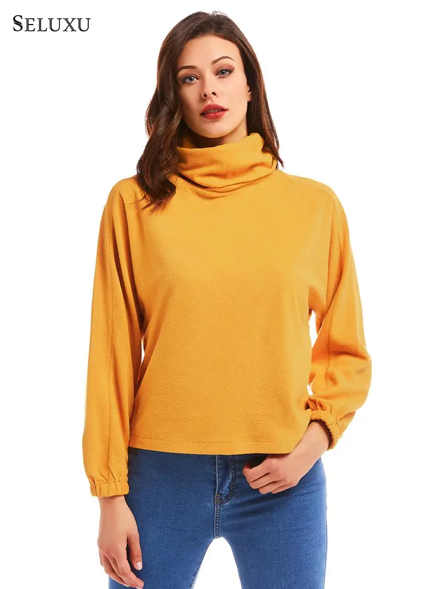 

Seluxu 2019 Autumn Women Sweatershirt Solid Color Yellow sudadera mujer Turtleneck Sweatshirt Casual Long Sleeve moletom