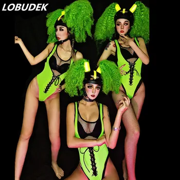 

Fluorescent Green Bandage Bodysuit Hat Dance Outfit European Style Bar Club Stage Costume Sexy DJ Dance Team Performance Clothes
