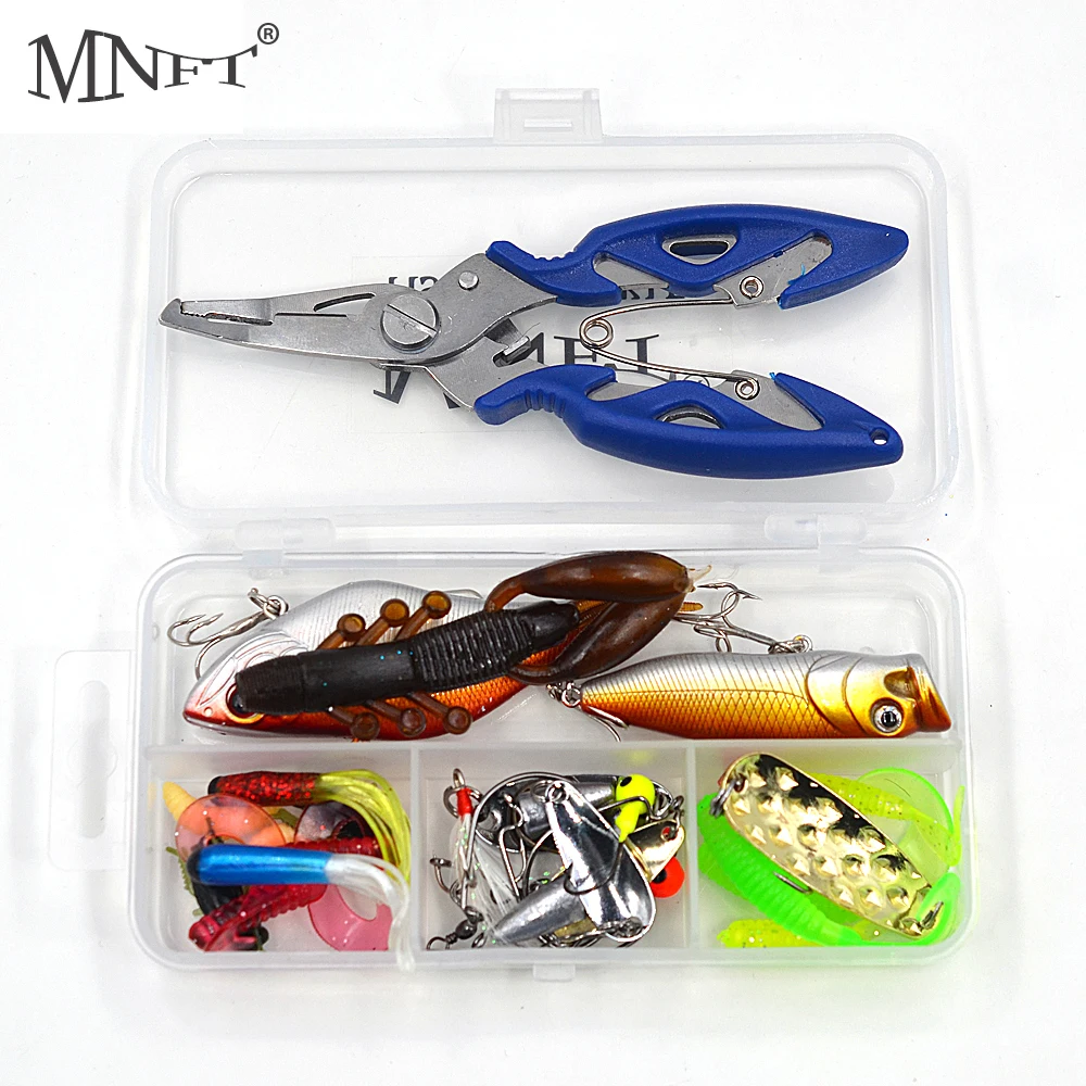 

MNFT 29pcs/lot Lead Head Hooks Simulation Tackle Fishing Lures Set Mixed Worm Minnow Piler Soft Lure Kit Fishing Tools