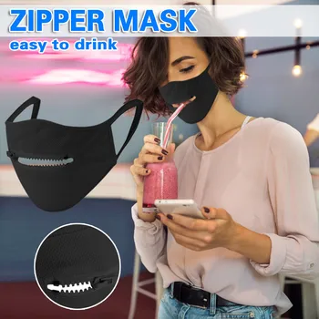 

10PCS Washable Breathable Reusable Men Women Zipper Black Mask Easy to Drink Earloop Outdoor Face Protect Mascarilla Masque