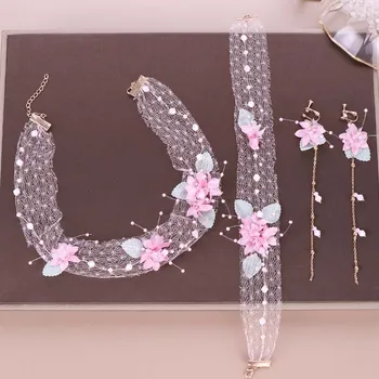 

New Korean Style Sweet Pink Flowers Hairband Drop Earring Set Lace Long Gauze Fairy Headband Bridal Bride Wedding Jewelry Set