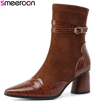 

Smeeroon 2020 top quality genuine leather +flock ankle boots women pointed toe buckle zip autumn square heel shoes woman