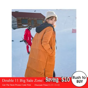 

INMAN Winter New Arrival Female Contrast Color Hooded Drawstring Side Slit Long Section Down Coat
