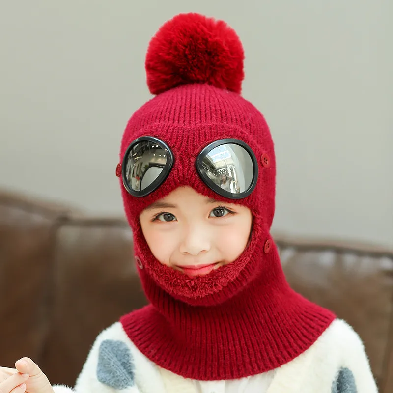 Wine Red Child 5-12T Женский Зимний вязаный шарф с капюшоном, женская теплая плюшевая шапка с помпонами, женские шарфы, женские новые очки для женщин - Цвет: Wine Red Child 5-12T