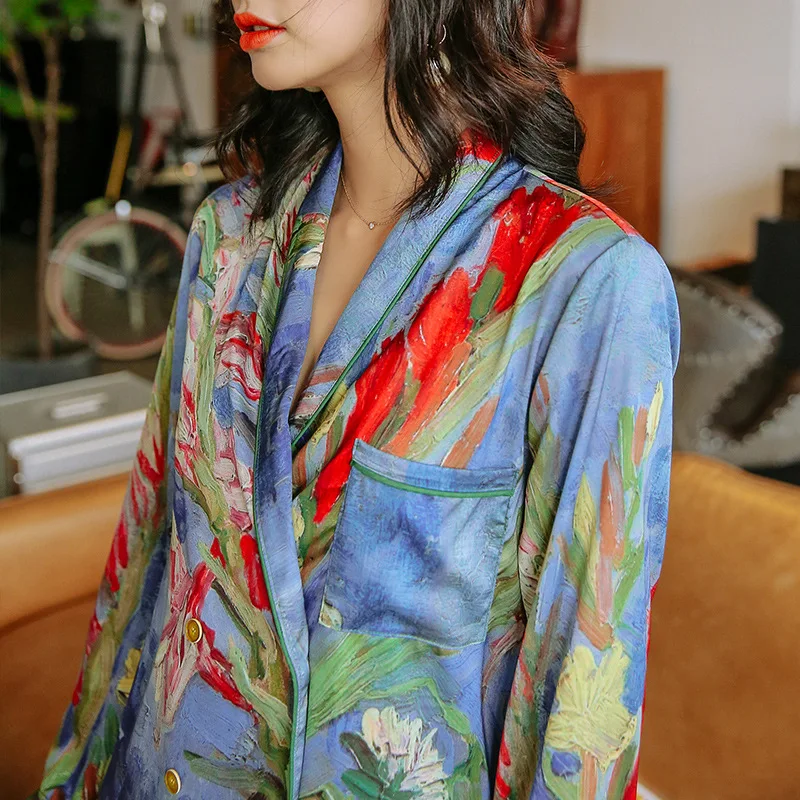 Женская осенняя синяя пижама с длинным рукавом и принтом хризантемы, Корейская свободная Шелковая пижама с v-образным вырезом размера плюс, атласная пижама