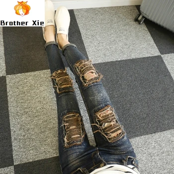 

Women New Fashion Holes Denim Pants Spring Female Student Personality Break Hole Dark Blue Jeans All-match Trousers Outwear