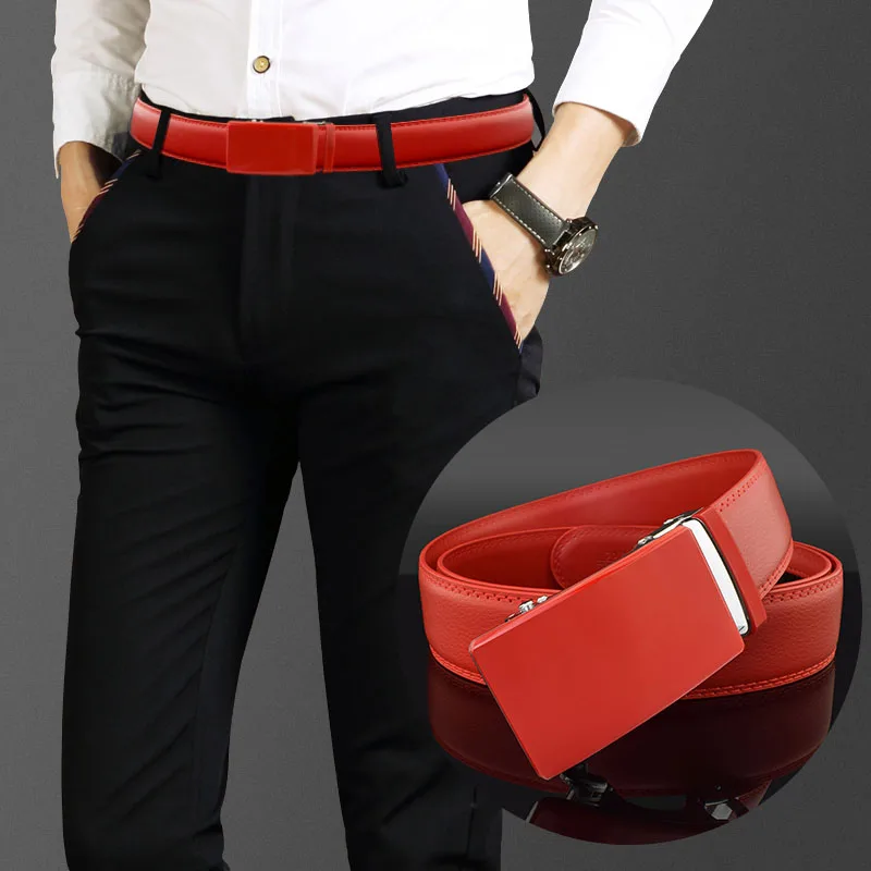  QWZYP Men Belts Man Red Color Leather Strap Automatic