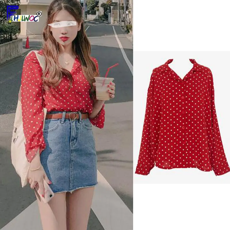 

Autumn Fall Basic Shirts Blouses Woman Long Sleeve Preppy Style Temperament Lady Red White Dot Button Shirt Top Korea Style 7626