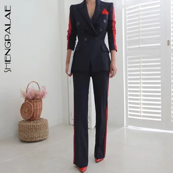 

SHENGPALAE 2020 New Spring Office Lady Full Sleeve Patchwork Coat With Long Length Elastic Waisted Pants Women Slim Suit FR509
