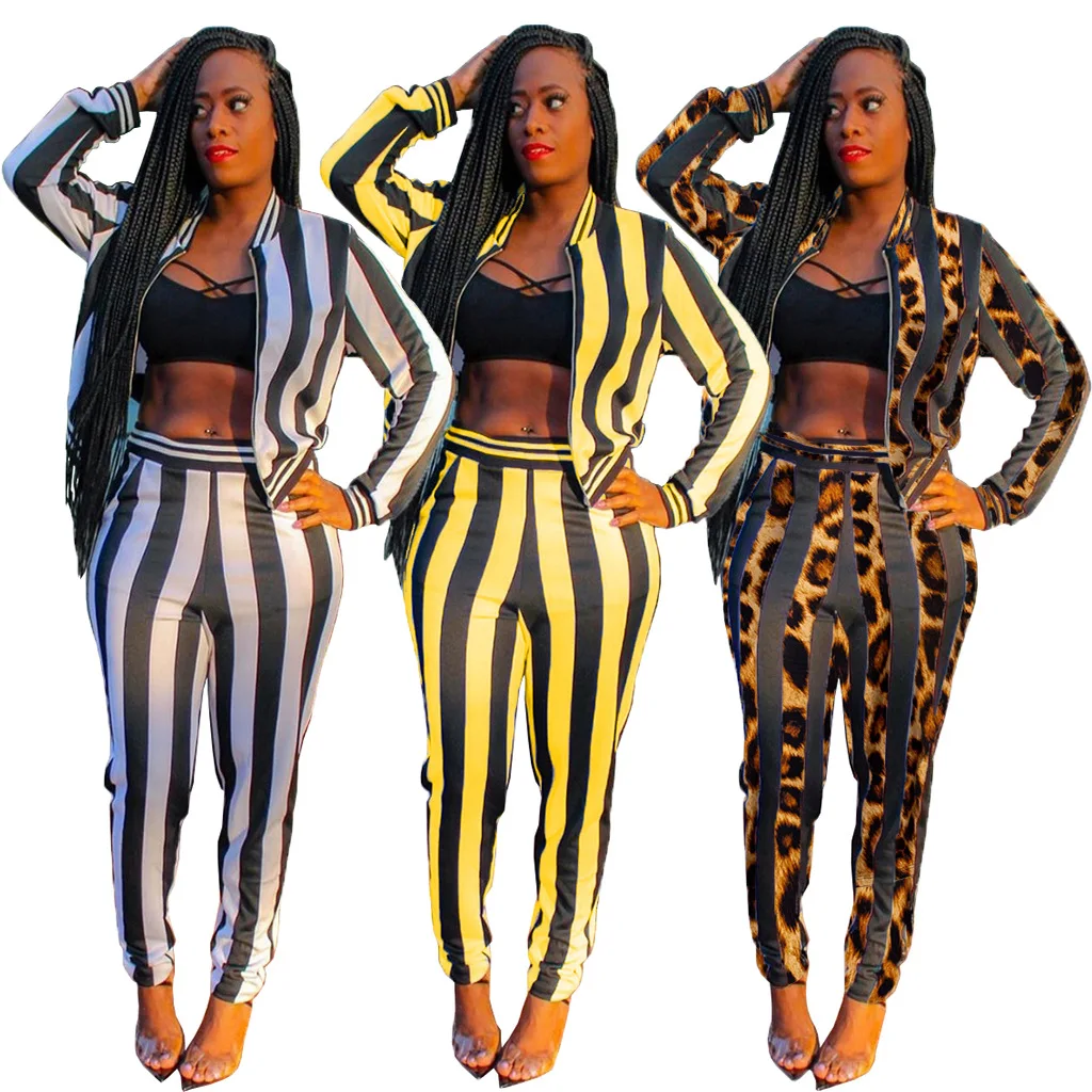 HAOYUAN полосатый леопардовый комплект из двух предметов, спортивный костюм для женщин, осенняя куртка, топ, штаны, спортивный костюм, 2 предмета, зимняя одежда, одинаковые комплекты