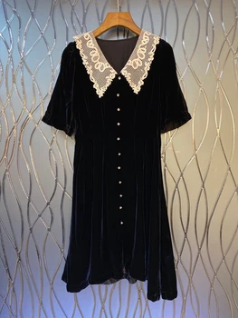 

2020 Early Autumn New Women's Color Panel Water Soluble Lapel V-neck Short Sleeve Velvet Dress 820