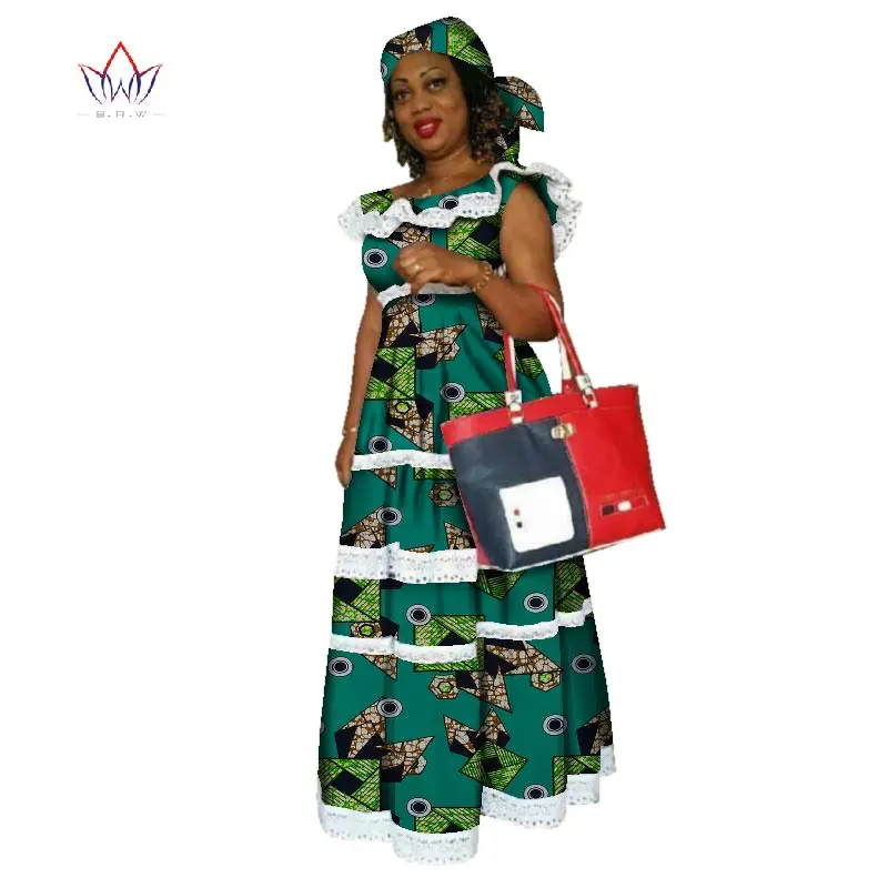 Африканские платья русалки для женщин, африканская вышивка, Базен, платье Дашики, хлопок, Женская кружевная одежда с круглым вырезом, натуральная WY2320