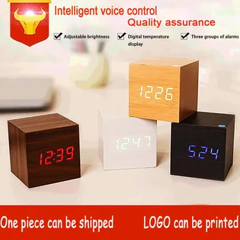 

Alarm Clock Wooden Digital Electronic Smart Mechanical LED Wood Retro Glow Desktop Decor Voice Snooze Function Control Desk Home