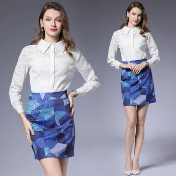 

2020 Spring women's OL white lace long sleeve lapel fashion hollow out shirt+ geometric figure printing skirts two-piece sets