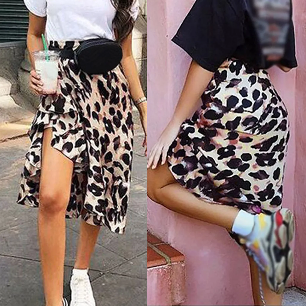 

Fashion Women A-line Skirts Sexy Leopard Print Ruffle Splice Irregular High Waist Skirts Elegant Ladies Skirts Streetwear 2020