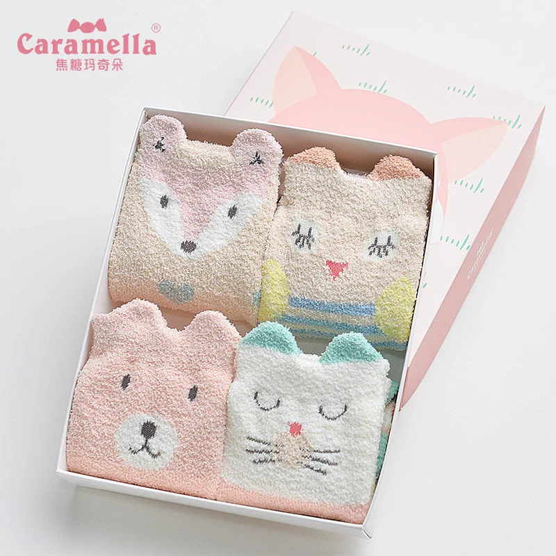 Caramella/4 пары зимних флисовых детских носков толстые теплые носки с объемными ушками лисы и кошки забавные детские чулочно-носочные изделия для мальчиков и девочек в подарочной упаковке