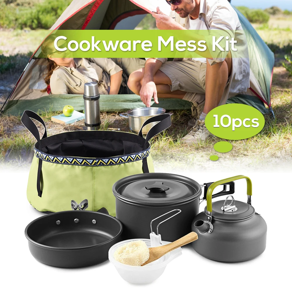 

Lightweight Camping Cookware Set Mess Kit Backpacking Cooking Pot Pan Set Kettle with Folding Wash Basin Bucket for 2 - 3 People