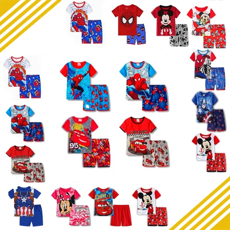 Juego de pijama para niños, ropa de dormir de manga corta con dibujos animados de Spiderman, Cars y Mickey