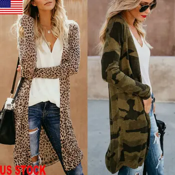 

Women's Maxi Cardigan Sweater Duster Long Sleeves Open Stitch Front Camo Leopard Kimono