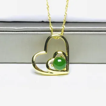 

925 Sterling Silver White Green HeTian Jade Heart Shape Lucky Pendant + Chain Necklace Charm Fine Jewelry Charm Gift