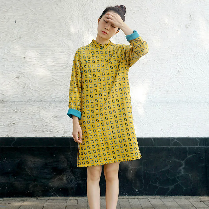 SCUWLINEN 2022 Spring Women Dress Vintage Geometric Print Plate Buttons Double Layer Artsy Corduroy Improved Cheongsam P281 | Женская