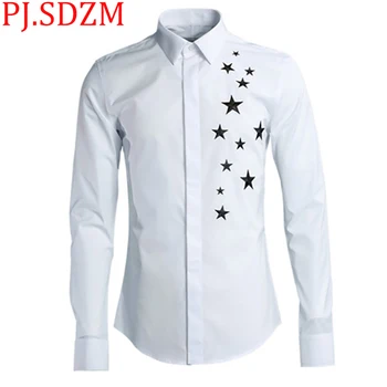 

2018 New Embroidery Five Stars Printing Men's Shirts Simple Style With Stars Solid High-Grade Shirt City Boy Casual Slim Fit