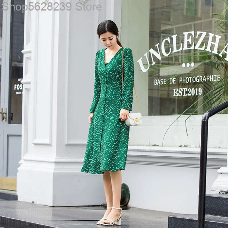 

Dark Green Wave Point Printing Medium Length Chiffon Dress Single Row Buckle Slim Fit Wrap Skirt Female