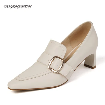 

French Deep Mouth Genuine Leather Shoes Women Simple Commuter High Heels Autumn New Small Square Toe Belt Buckle Pumps Ladies