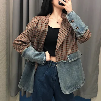 

Luck A 2020 Spring Autumn Women Loose Korean Denim Coat lady Plaid Matching Suit Jacket female splice work jackets