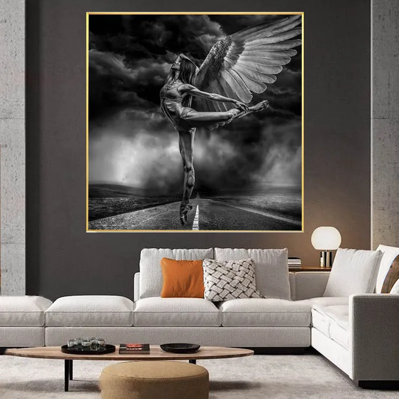 

Black White Wings Ballerina Canvas Painting Ballet Dancer Poster and Prints Wall Art Picture for Living Room Interior Home Decor